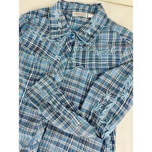 Pink Cattlelac Embroidered Blue Pearl Snap Western Shirt Size Large Cotton Plaid